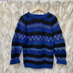 Vintage Blue + Black Wool Pullover Sweater / L